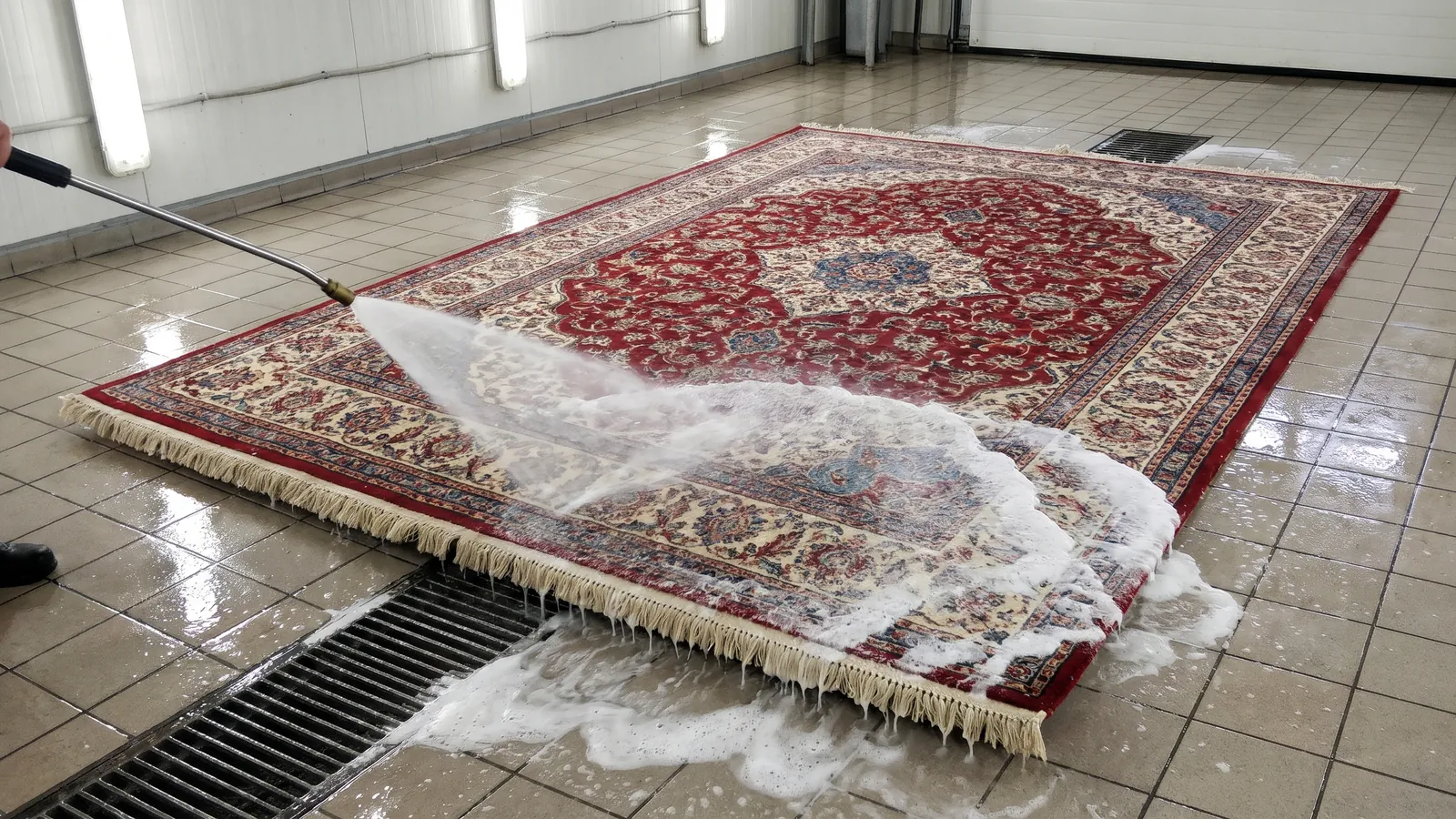 A red and cream patterned wool area rug laid flat on a clean wash floor being rinsed with a wand, suds and water sheeting off the fringe