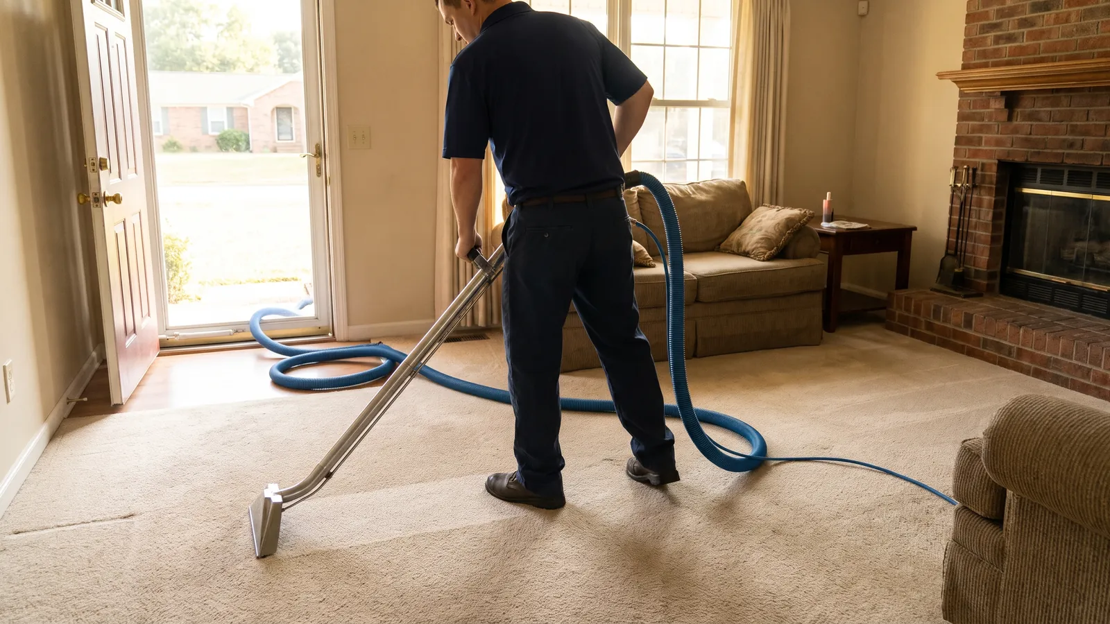 Technician pulling a hot-water extraction wand across pale beige carpet in a bright Clarksville, Tennessee living room, the cleaned strip visibly lighter than the rest, a truck-mount hose running out the front door