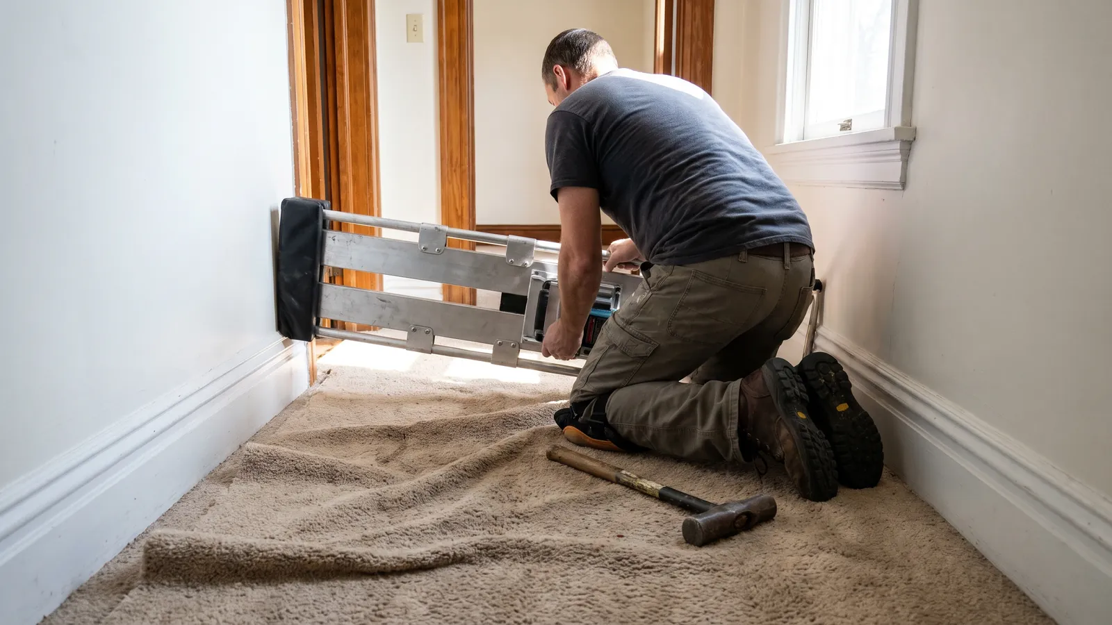 Carpet repair technician using a power stretcher with its padded head against a hallway wall to pull ripples out of a beige carpet, a knee kicker on the floor beside it