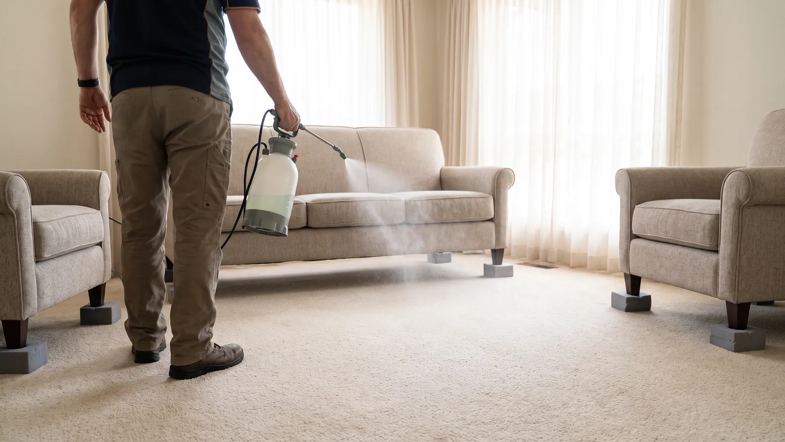 Technician applying a fine mist of stain protector to freshly cleaned light carpet with a pump sprayer in a living room, furniture up on foam blocks