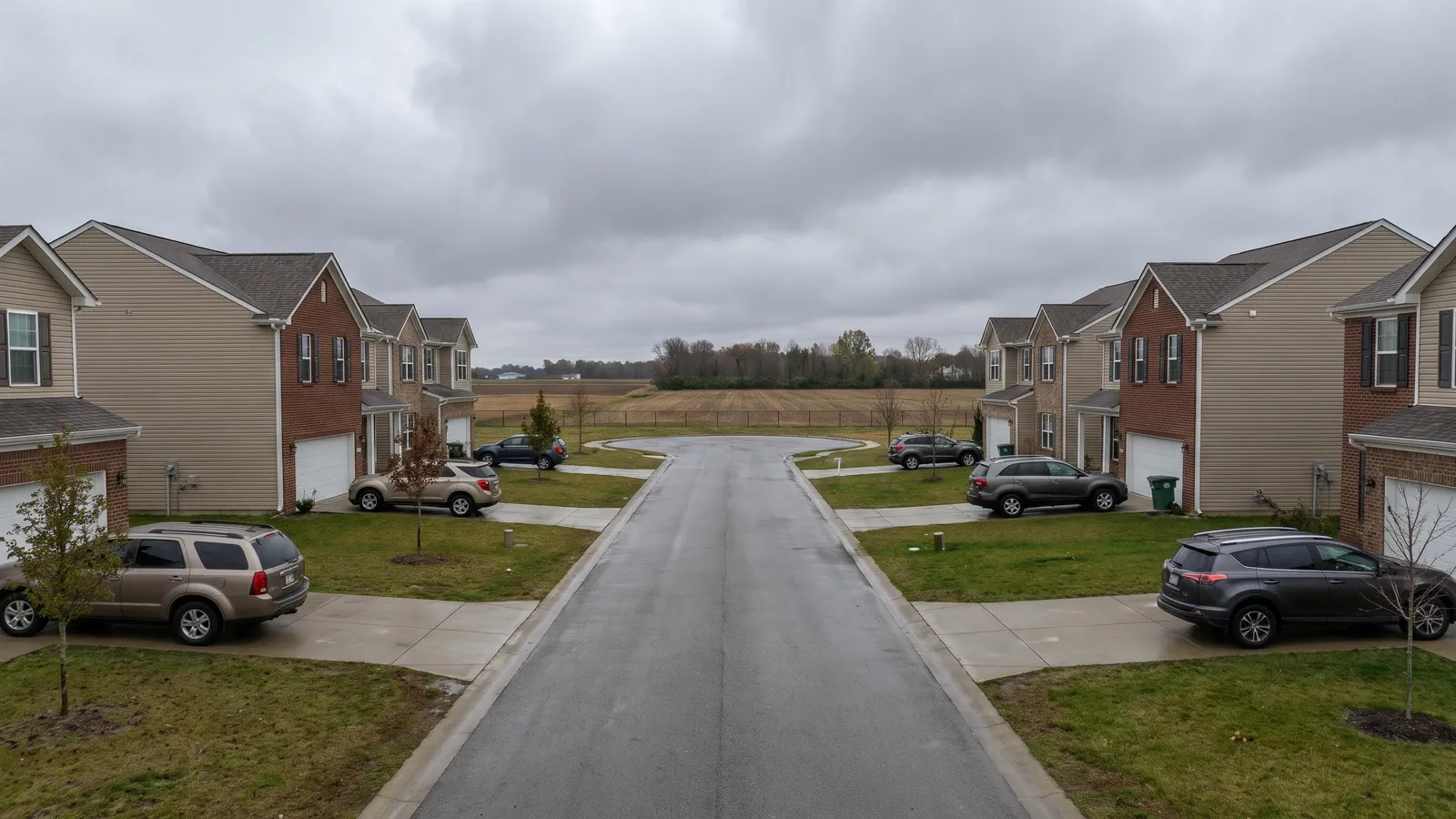 Quiet street of newer two-story vinyl-and-brick rental homes with small front lawns and driveways in Oak Grove, Kentucky, overcast afternoon light